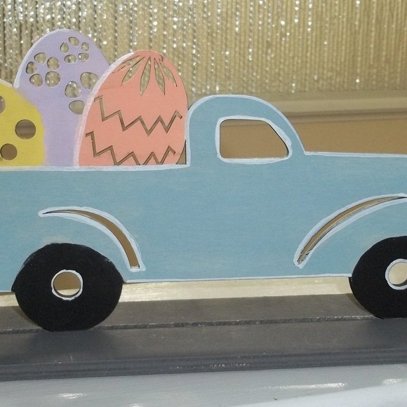 NEW Farmhouse truck Easter Eggs wood wooden with stand 10" X 5.5" X 3" - Picture 1 of 3